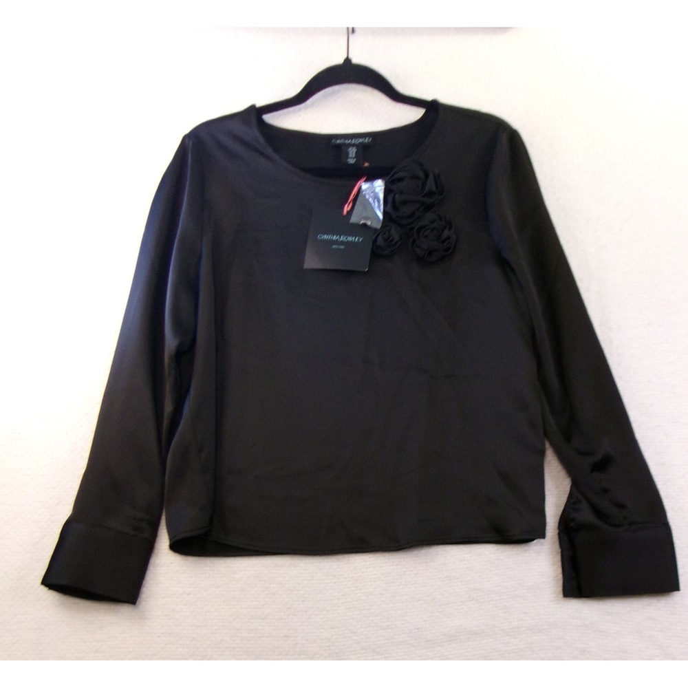 Cynthia Rowley Black Satin Rosette Floral Blouse Long Sleeve Top Medium‎ NWT